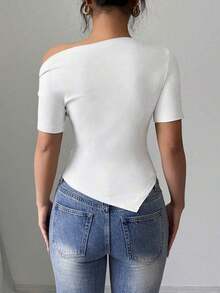 Camiseta de punto elástica de corte asimétrico con hombros oblicuos y volantes para mujer, de primavera/verano, camiseta de señora cómoda y de moda - Blanco - Ver 2