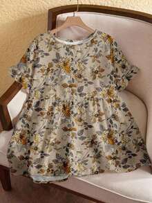 Camisa con estampado todo sobre y mangas con volantes, estilo casual de resort, tallas grandes.Atuendos de verano para mujer/Verano, ropa de mujer para vacaciones tropicales - Blanco - Ver 2
