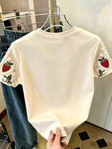 Camiseta oversize con bordado de flores silvestres, camiseta con bordado floral, camiseta de cuello redondo y manga corta para el verano - Multicolor 3 - Ver 2
