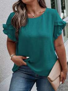 Blusa casual con cuello redondo, mangas con volantes y estampado floral para mujer de talla grande - azul real - Ver 6