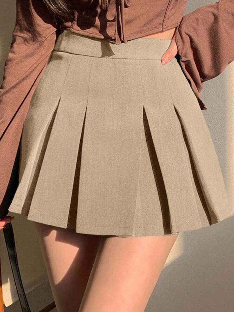 Falda pantalón plisada de unicolor para mujer con estilo informal universitario - Caqui - Ver 1