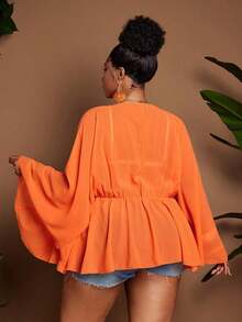 de gasa con cuello en V, mangas acampanadas con volantes y pliegues, estilo francés elegante para verano, talla grande, color naranja, camisa grácil para mujer, atuendo de vacaciones, Top con bajo fluido - Naranja - Ver 2