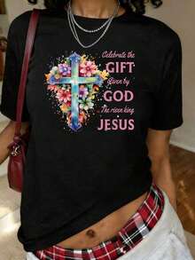 Celebrate Easter, Floral Cross Print T-Shirt "Jesus, The King Has Risen", Short Sleeve Crew Neck T-Shirt, Casual Top For Summer And Spring, Plus Size Clothing For Women - 黑色 - 查看 12