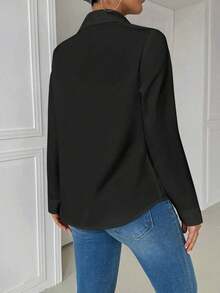Blusa blanca casual con cuello y bolsillo, de manga larga ajustada para mujeres - Negro 2 - Ver 2