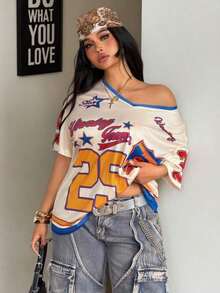 Camiseta de béisbol con estampado de número para mujer de talla grande, estilo vintage y deportivo para primavera/verano, top con estampado de leopardo, ropa de otoño, top con estampado de guepardo, top con estampado de leopardo - Beis - Ver 4