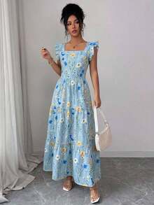 YHHElenzga Vestido de mujer con cuello cuadrado, cintura ceñida y mangas de campana, con estampado multicolor. Elegante y sofisticado, adecuado para el Día de San Valentín, Pascua, Carnaval, Día del Trabajo, regalos de cumpleaños, citas, fiestas, ocasiones formales, atuendos de maestro, viajes, primavera/veranoYHH - Multicolor - Ver 7
