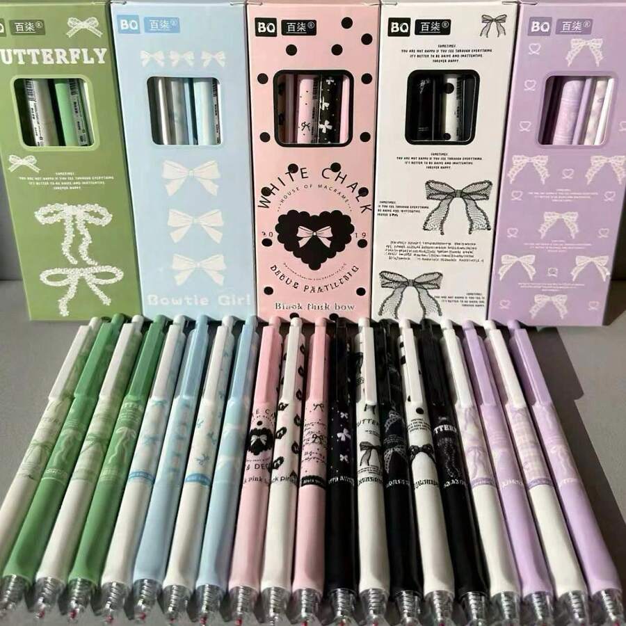 5pcs/Set Pastel Bowknot Pattern Retractable Neutral Pens, Comes With Gift Box, Smooth Writing, Suitable For Study, Office, Diary
