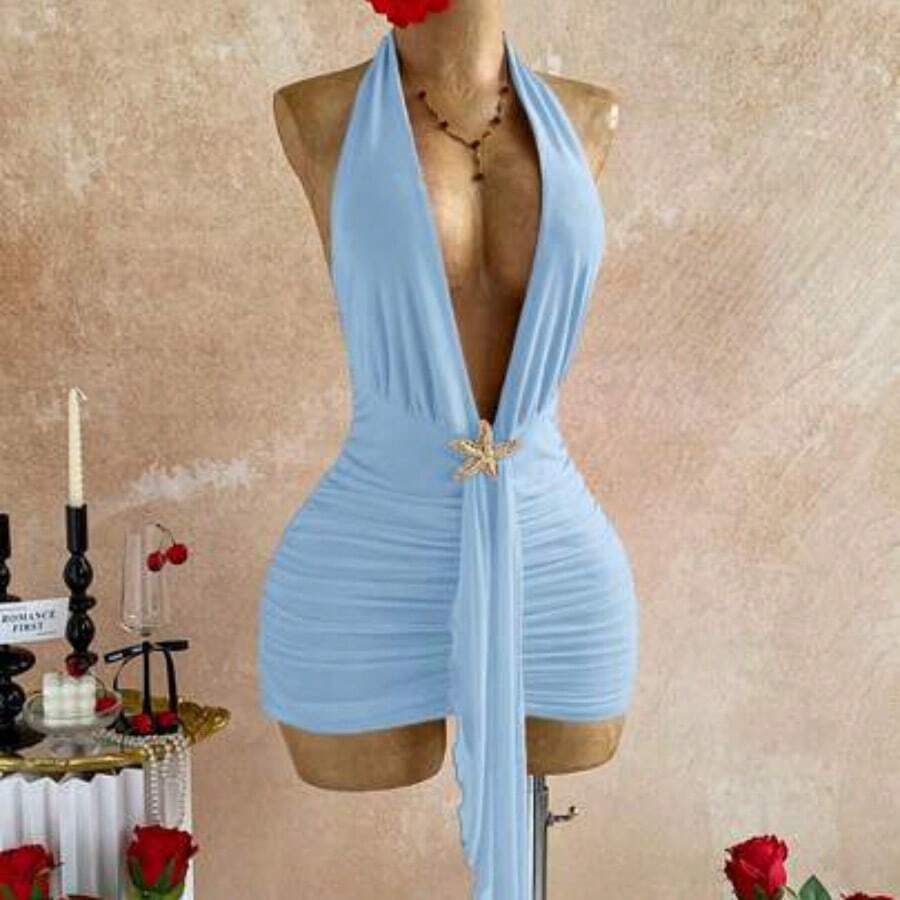 Party Dresses For Women Summer Outfits Red Dresses For Women Carnival Women Valentine Outfits For Women Ruffle Trim Backless Tie Neck Bodycon Mini Dress For Women - Azul - Ver 1