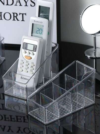 1 pieza Organizador de escritorio con 4 ranuras para control remoto de TV/AC, almacenamiento de maquillaje y cosméticos, organizador de papelería para estudiantes, estante de almacenamiento multipropósito de acrílico transparente para cocina/baño (decoración no incluida)