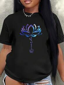 This Lightweight And Durable Short-Sleeved T-Shirt With A Lotus Design Is Perfect For Yoga, The Gym, Or Casual Outings. Made From Soft Fabric With A Blue-To-Purple Gradient, It's Ideal For Everyday Wear. - 黑色 - 查看 1