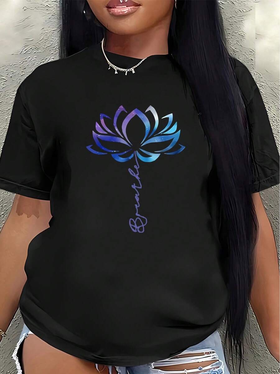 This Lightweight And Durable Short-Sleeved T-Shirt With A Lotus Design Is Perfect For Yoga, The Gym, Or Casual Outings. Made From Soft Fabric With A Blue-To-Purple Gradient, It's Ideal For Everyday Wear. - 黑色 - 查看 1