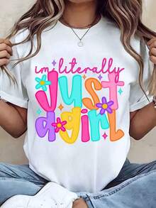 Camiseta de Mujer Colorida con Estampado 'Just A Girl', Cuello Redondo, Casual, Verano, Regalo, 220g, Transpirable y Cómoda - Blanco - Ver 1