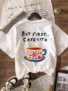 Women's "But First...Cafecito" Short Sleeve T-Shirt By SimpieAndVersatileDesign - Spanish Print T-Shirt, Round Neck, Casual, Suitable For Summer, Beachwear And Holiday Outfits, Machine Washable Casual Wear, Cafecito Print, Cotton T-Shirt. - 白色 - 查看 2