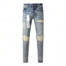 Purple Men Jeans New Fashion Ripped Retro Light Blue Straight Slim Fit Button Fly Denim Pants For Men Casual Wear - Màu xanh lam - Xem 2