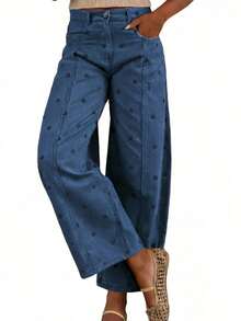 Women Barrel Jeans Dot Print Loose Denim Pants Spring Casual Baggy Trousers Fashion Wide-Leg Pants - Azul Marino - Ver 2