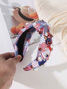 1Pc July 4th Independence Day Hairband, Stars & Stripes Pearl Rhinestone Knotted Wide Headwrap, Party Daily Versatile Hair Accessory - Multicolor - View 6