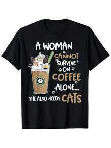 Y2K Women's T-Shirt With Funny Cat And Coffee Design - Slogan: "Coffee Can't Satisfy A Woman's Needs, She Also Needs Cats," Soft Fabric, Loose And Casual Fit, With Cat And Coffee Cup Designs, Machine Washable Casual Wear, Suitable For Cat Lovers, Graphic Print, Summer Streetwear. - 黑色 - 查看 6