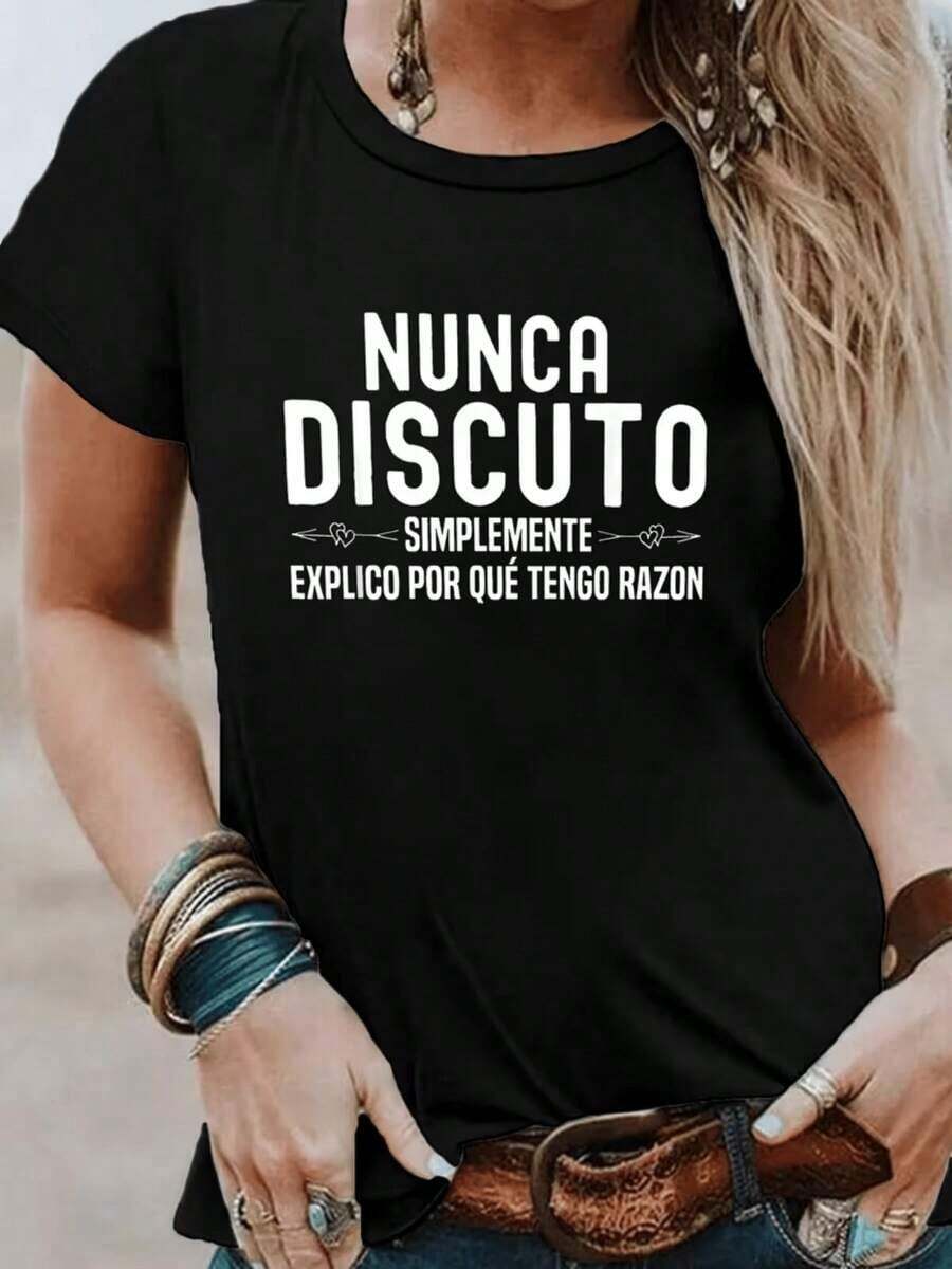 Camiseta Divertida de Manga Corta Española para Mujer | Negro con estampado blanco, cuello redondo, uso diario casual, ligero, lavable a máquina, patrón geométrico, tela no transparente.blusas para mujer>ropa - Negro - Ver 1