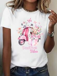 1 Women's Pure Cotton T-Shirt With Letter And Anime Print, Simple Design, Comfortable And Breathable, Suitable For Daily Casual Wear, Showing A Natural And Elegant Style, Must-Have For Summer Parties, Local Shipping, 180g 100% Cotton. - 白色 - 查看 6