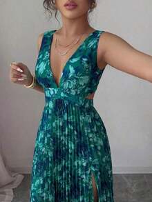 a Vestido elegante y romántico para mujer con cuello en V sin mangas, cintura hueca, plisado en línea A y estampado floral - Multicolor 10 - Ver 10