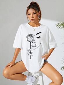 Women's Casual Summer T-Shirt With Floral And Abstract Portrait Print, Round Neck, Drop Shoulders, Pure Cotton Graphic Tees - 白色 - 查看 6