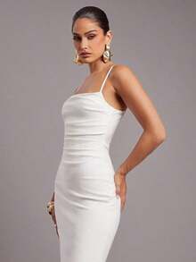 Vestido midi de verano para mujer de unicolor, elegante, con tirantes de espagueti y drapeado ajustado - Blanco - Ver 7