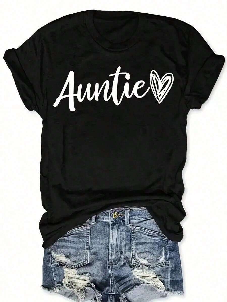 "Auntie" Print Casual T-Shirt By Soft Wo'S | Short-Sleeved Blouse With Round Neck And H-Shaped Silhouette, 95% Polyester/5% Elastane, Machine Washable, Comfortable And Stretchy Fit, Letter Design For Casual Wear, Suitable For Spring, Summer And Autumn. - 黑色 - 查看 1