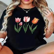 Women's Sexy Casual Elegant Cotton Round Neck Short Sleeve Regular Tulip Print T-Shirt With High Stretch Fabric - 黑色 - 查看 1