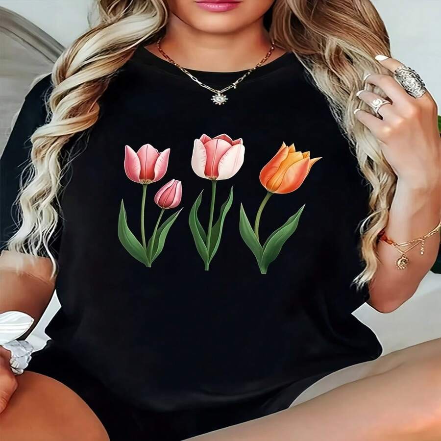 Women's Sexy Casual Elegant Cotton Round Neck Short Sleeve Regular Tulip Print T-Shirt With High Stretch Fabric - 黑色 - 查看 1