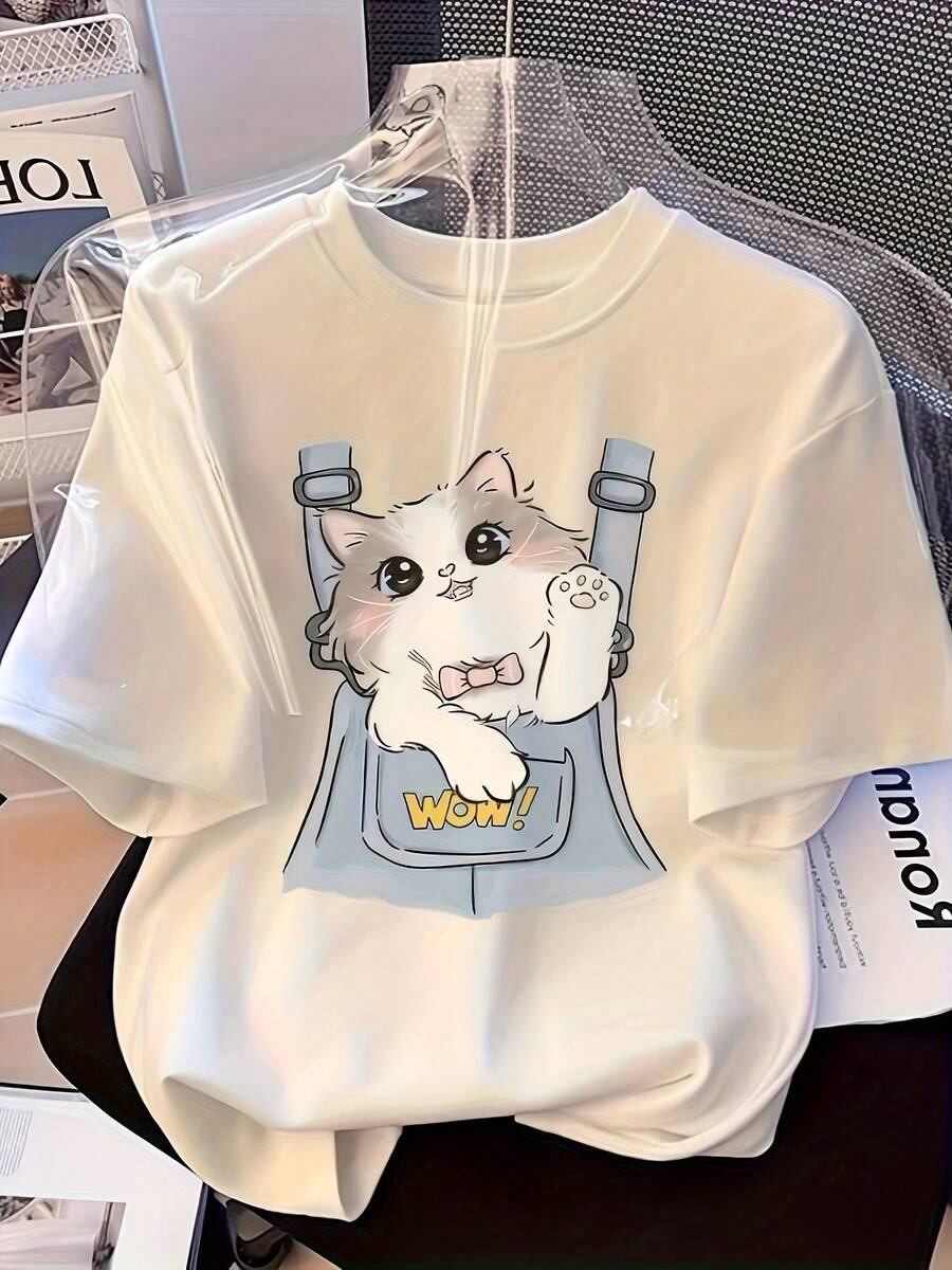 Women's Summer Casual T-Shirt - Stylish Short-Sleeved Casual T-Shirt With Cat And High Chair Print, Round Neck, Machine Washable, Comfortable For All Seasons, High-Quality Fabric, Regular Fit, Suitable For Daily Wear, Breathable T-Shirt, Stylish Shirt, Lightweight Base Layer, Versatile Style, Adult Size. - 白色 - 查看 1