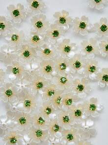20/50/100pcs/Bag, 15mm 5-Petal Resin Crape Myrtle Flowers With Gold Base Claw And Light Green Crystal, Pearls, For Clothing Decoration - Light Green Diamond Bauhinia - View 4