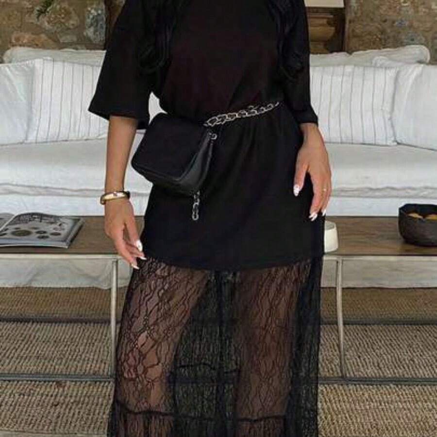 Women's Round Neck Contrast Lace Dress, Sexy Casual Knitted Fabric Dress, Spring/Summer Elegant White - Negro - Ver 1
