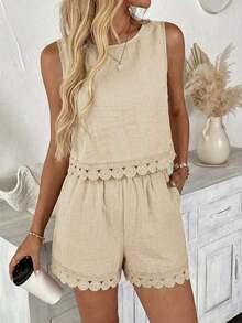 LUNE Conjunto de 2 piezas de blusa sin mangas con parches de encaje y shorts, adecuado para vacaciones de verano, ir al trabajo y uso diario - Albaricoque - Ver 7