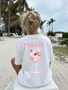 [Double-Sided Print] Casual Loose-Fitting Spring And Summer T-Shirt, Feminine Style, Berry Print, PINK GIN & TONIC Print, Pure Cotton Short-Sleeved T-Shirt, Off-The-Shoulder And Plus-Size For Fashionable Women. Elegant Party Outfit, T-Shirt For Elegant Ladies, Blouses Suitable For Curvy Women, Prom Skirts, Casual Wear - 白色 - 查看 4