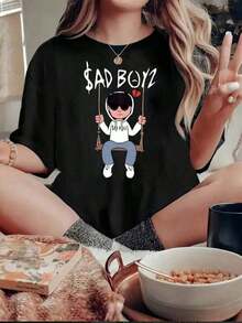 1 Piece Of Sad Boyz Casual Print Cotton T-Shirt For Women, 180g, 100% Cotton, Designs Are Fully Printed. Unisex. 180g 100% Cotton - 黑色 - 查看 5