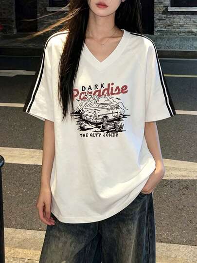 女士宽松撞色条纹罗纹V领T恤，宽松休闲学院风，春夏款