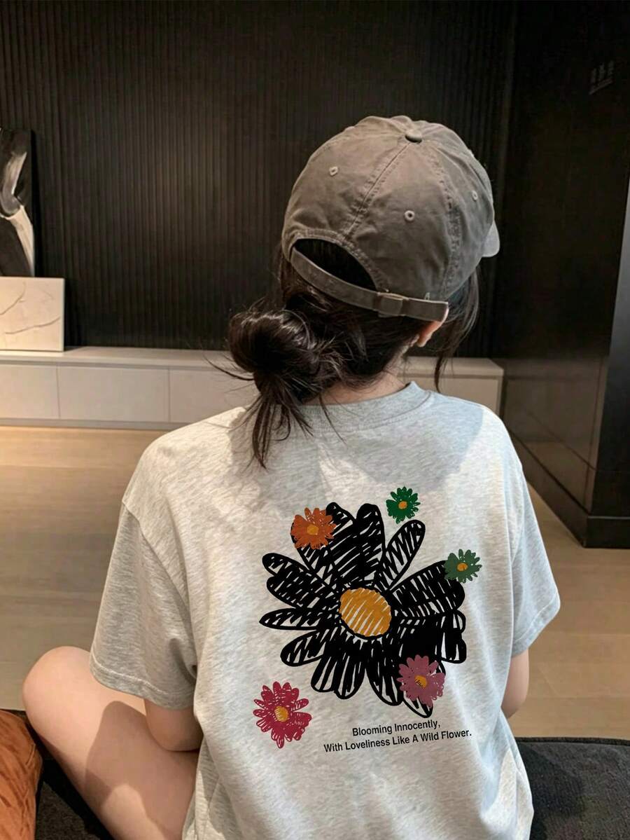 女士宽松圆领短袖字母花卉印花T恤,春夏休闲款 - 淺花灰 - 查看 1