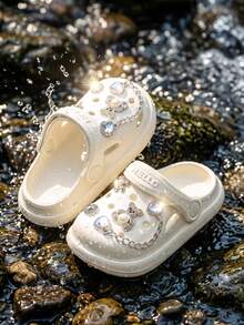 HAHABOBO Girls Pearl Rhinestone Bear Chain Closed Toe Clogs, Soft EVA Slip On Sandals, Kids Daily Shoes For School Beach Party Travel - White - View 2
