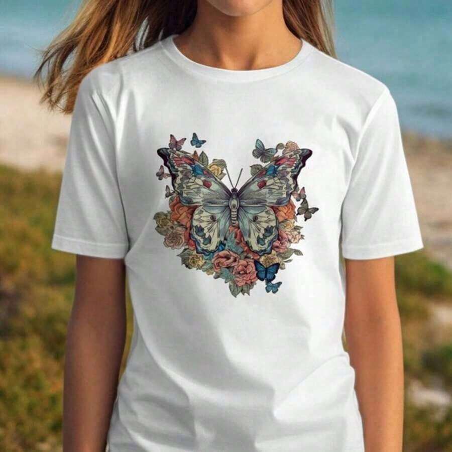 Under The Radar Women's Blouses, Butterfly T-Shirt, Cottage Shirt, Gift For Gardeners, Botanical Shirt, Vintage Boho Style, Nature Lover Shirt, Floral Print. Quick-Drying And Comfortable Pure Cotton T-Shirt, Ideal For The Gym. Suitable For Spring, Summer, And Autumn. - Unisex Loose-Fitting Cotton T-Shirt With Short Sleeves And A Crew Neck In An Urban Vintage Style. - 白色 - 查看 1