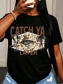 Women's Cotton T-Shirts Catch Ya Later Fishing Lure Camo Design T-Shirt For Women Outdoor Adventure Casual Wear Basic Blouses For Women - 黑色 - 查看 1