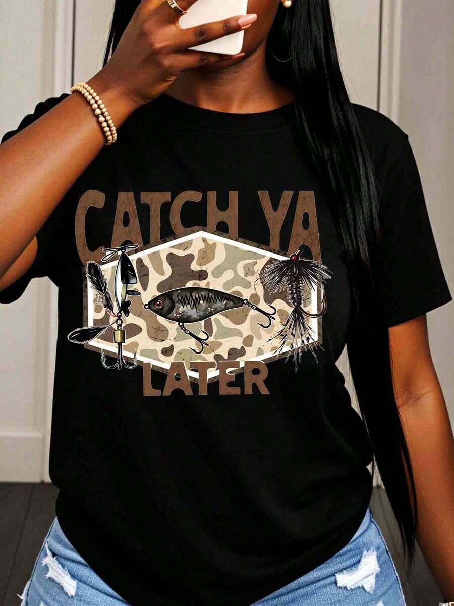Women's Cotton T-Shirts Catch Ya Later Fishing Lure Camo Design T-Shirt For Women Outdoor Adventure Casual Wear Basic Blouses For Women - 黑色 - 查看 1