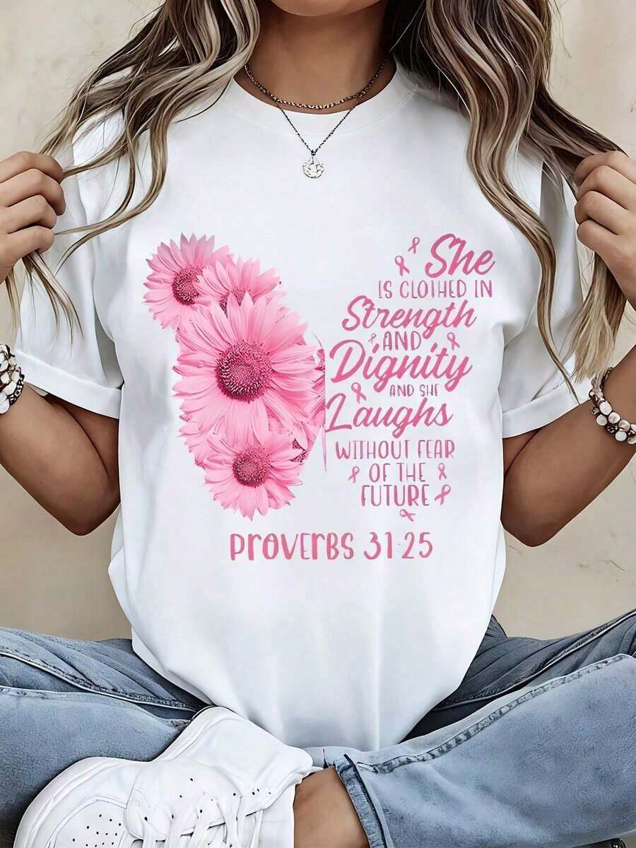 Fashionable Women's T-Shirt With Pink Flowers And The Bible Verse Proverbs 31:25: She Is Clothed With Strength And Dignity And Laughs Without Fear Of The Future, Ideal For Casual Wear And Everyday Outfits. Casual Blouse For Women - 白色 - 查看 1