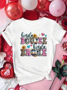 Women's Casual Round Neck Cotton T-Shirts For Valentine's Day KindaBOUJEE KindaBROKE With Leopard Print, Heart, Flower And Star Decoration, Beautiful, Elegant, Party, Fashionable, Loose And Fitted, Gift, Soft, Machine Washable, Elastic, Sporty, Round Neck, Short Sleeve, Simple Top For Daily Wear. - 白色 - 查看 7
