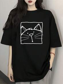 Camiseta negra informal de manga corta con cuello redondo para hombre,Camisetas Para Mujer Camiseta moderna gato minimalista diseño artístico cómoda estilo urbano para amantes de los animales tallas disponibles en negro ideal para uso diario moda juvenil  2023 - Negro - Ver 6