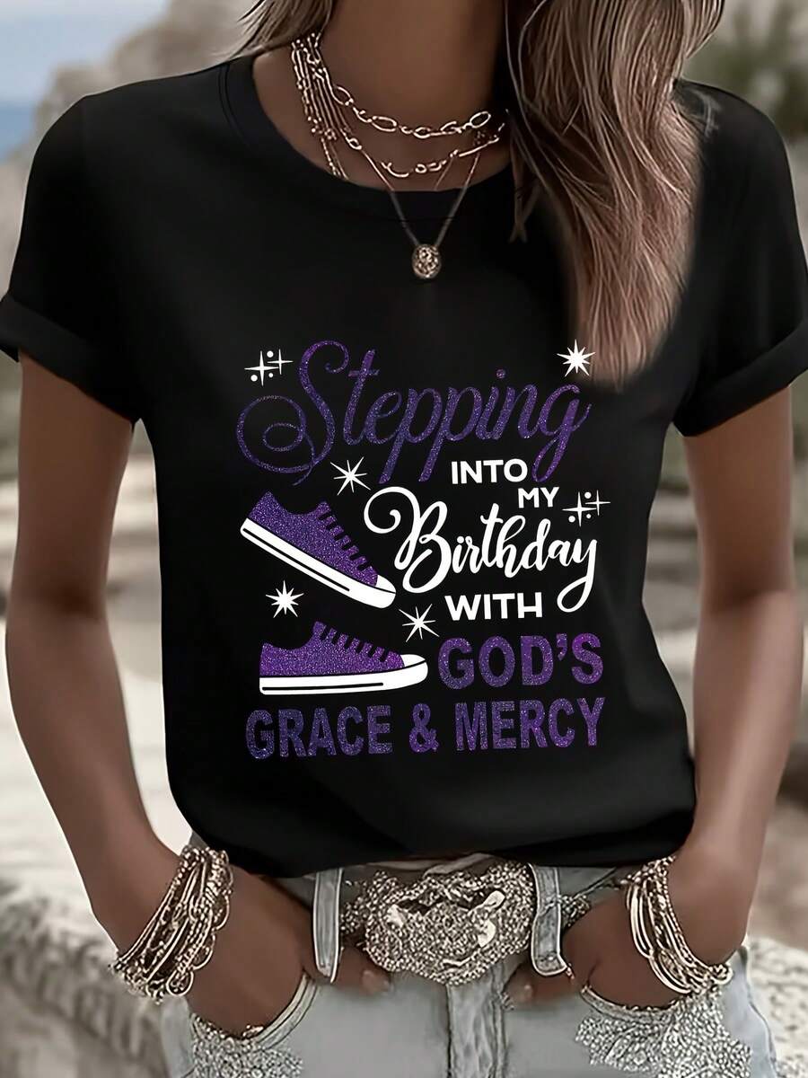 Camiseta Básica Diaria para Mujer, Cuello Redondo, Holgada y Cómoda, Manga Corta - Negro - Ver 1