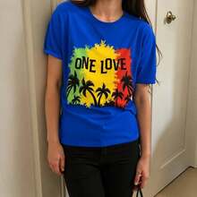 GiftCoconut Round Neck T-Shirt With Coconut Tree Print, Casual Short Sleeve T-Shirt For Spring And Summer, Soft Women's Clothing - 藍色 - 查看 1