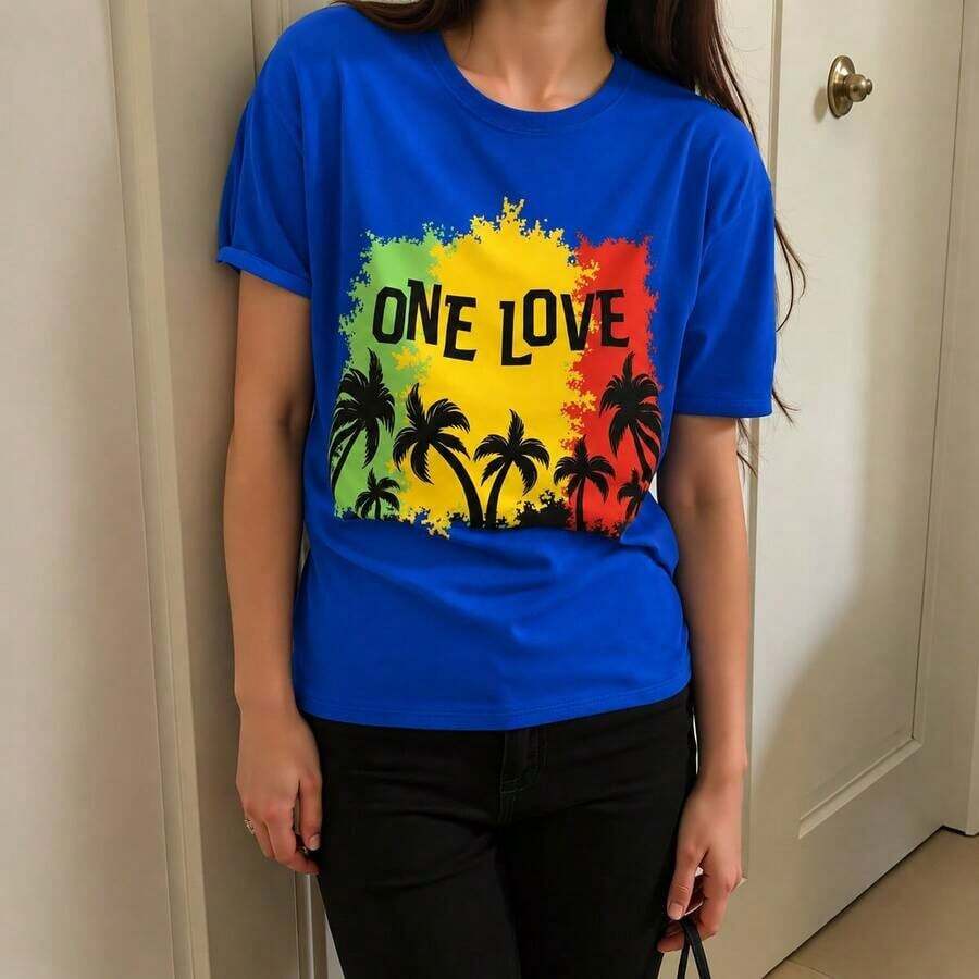 GiftCoconut Round Neck T-Shirt With Coconut Tree Print, Casual Short Sleeve T-Shirt For Spring And Summer, Soft Women's Clothing - 藍色 - 查看 1