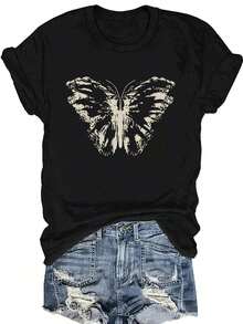 Women's Blouses: Butterfly Print T-Shirt, Casual Short-Sleeved Round Neck Top, Women's Clothing For Spring And Summer, Two-Season Fashion, Vintage Design, Comfortable Fit, Short-Sleeved Shirt For Women. - 黑色 - 查看 7