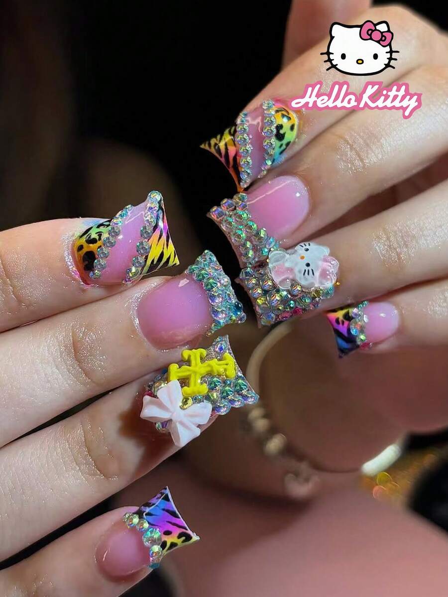 Sanrio Hello Kitty 24片中號鴨豹紋與彩虹法式穿戴甲,附可愛3D Hello Kitty、蝴蝶結、星星、水鑽與十字設計,貼合假指甲套組,含1片果凍膠與1片指甲锉,適合女孩日常與派對使用 - 彩色 - 查看 1