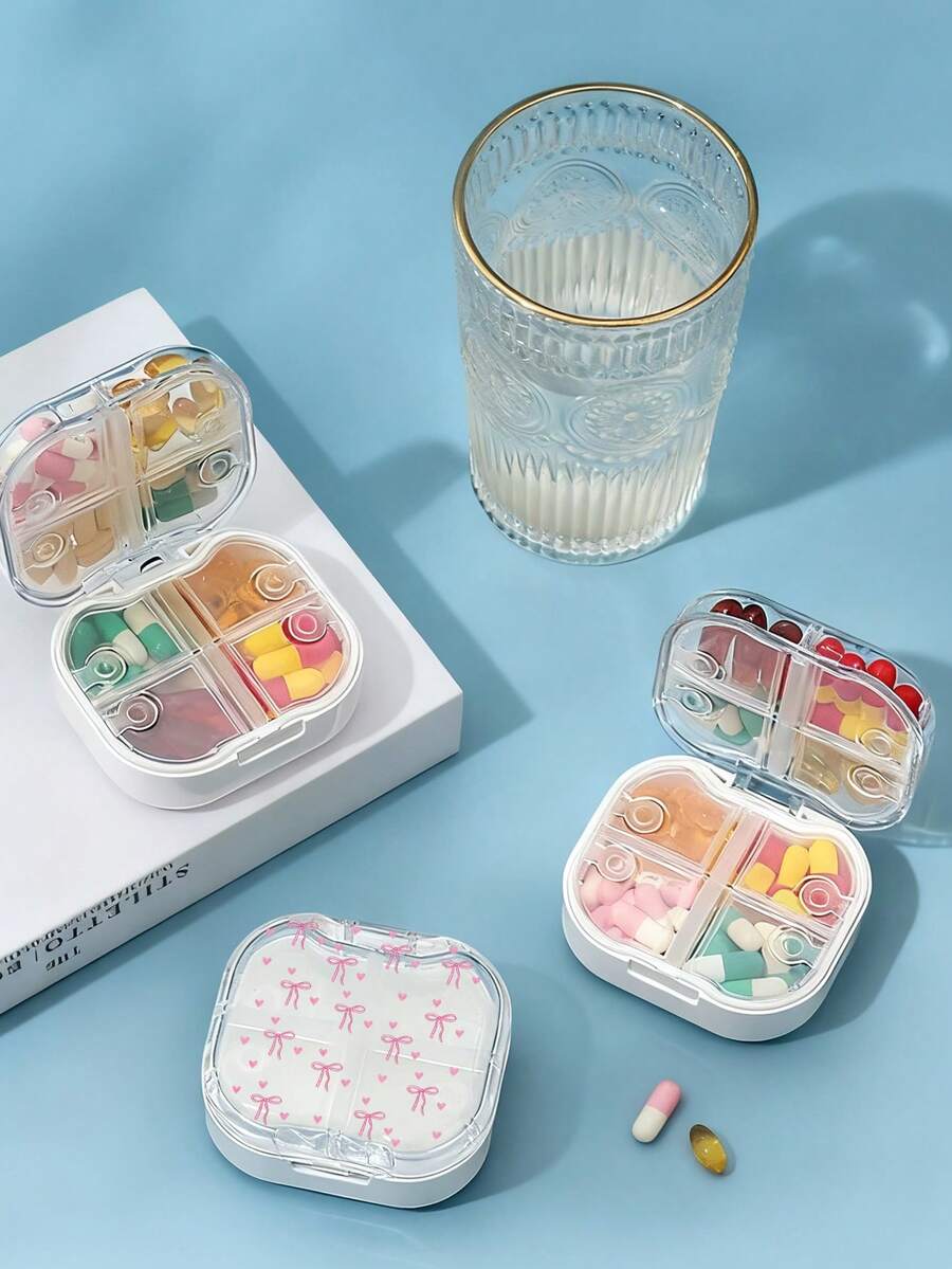 Caja portátil a prueba de humedad con estampado de lazo y corazón con 8 compartimentos sellados independientes, un organizador de medicamentos imprescindible para llevar a cualquier parte - Multicolor - Ver 1